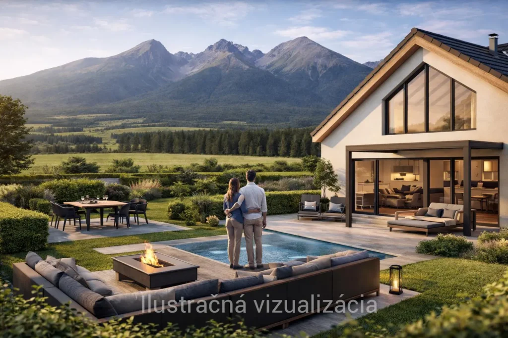 Manželský pár na terase nového rodinného domu s výhľadom na Vysoké Tatry