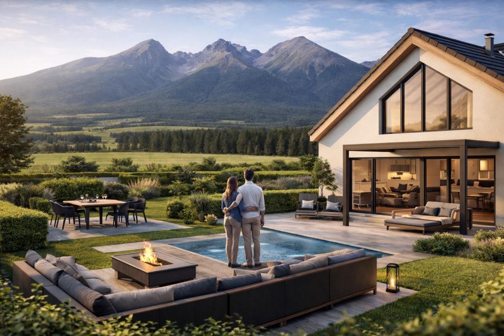 Manželský pár na terase nového rodinného domu s výhľadom na Vysoké Tatry